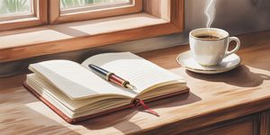 Person writing in a journal at sunrise with coffee, peaceful morning recovery routine