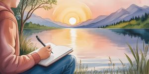 Person journaling peacefully by a window at sunrise with a cup of tea