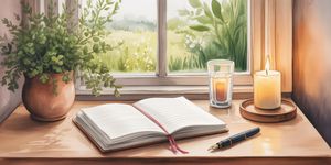 Warm watercolor illustration of a person writing in a journal by a window with morning light, peaceful forest view in background
