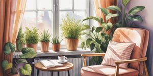 A cozy apartment with warm light, showing a journal on a table, plants by the window, and signs of healthy solo living
