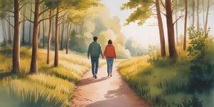 Warm watercolor illustration of two people walking hand in hand on a forest path at sunset, symbolizing partnership in recovery