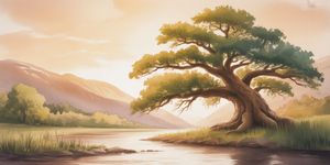 A strong oak tree with deep roots beside a flowing river, symbolizing strength through flexibility and growth in masculine recovery