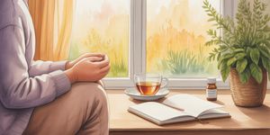 Warm watercolor of a person sitting peacefully with morning light streaming through a window, a small medicine bottle on the table beside tea and a journal