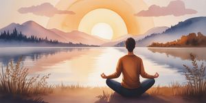 Person meditating peacefully by a calm lake at sunrise, symbolizing mental clarity and recovery