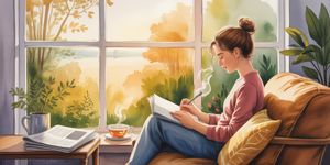Person sitting peacefully by a window with newspaper set aside, focusing on a journal instead