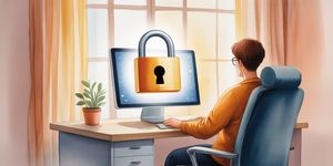 Person working at a secure computer setup with a lock icon overlay, peaceful morning light
