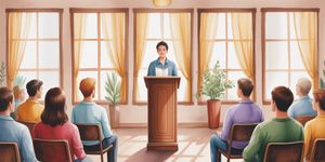 Person standing at a podium in a warm, supportive recovery meeting environment