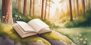 Peaceful forest clearing with an open book on a mossy rock, warm sunlight filtering through trees