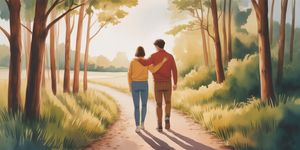 Watercolor illustration of a couple walking together on a forest path, one supporting the other