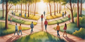 Watercolor illustration of people walking together on different paths converging in a peaceful forest clearing