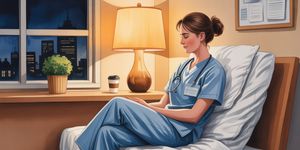 Healthcare worker in scrubs sitting peacefully during a break, warm hospital lighting creating a moment of calm in chaos