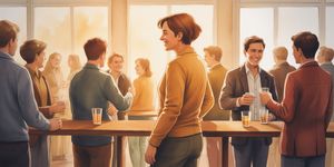 Person standing confidently at a social gathering, warm watercolor illustration