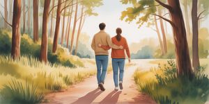 Two people walking together on a forest path at golden hour, one guiding the other, symbolizing sponsorship and mentorship in recovery