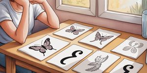 Watercolor illustration of a person contemplating tattoo designs with recovery symbols like butterflies, phoenixes, and sobriety dates