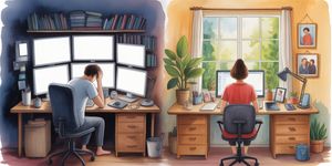 Person at desk surrounded by work papers transitioning to peaceful balanced workspace, watercolor illustration