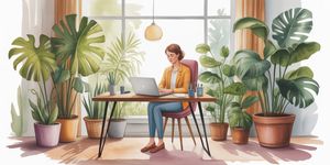 Professional at desk surrounded by nature elements, showing balance between work and recovery