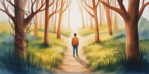 A person at a crossroads in a forest choosing the bright path, watercolor illustration
