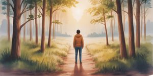 Warm watercolor illustration of a person standing at dawn on a forest path, looking forward with determination, soft morning light filtering through trees