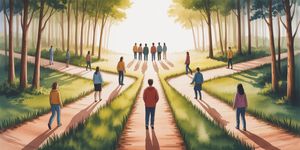 Warm watercolor illustration of people walking together on different paths that converge in a peaceful forest clearing