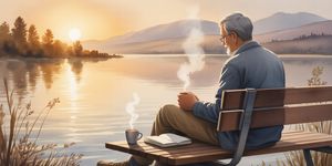Older man sitting peacefully by a lake at sunrise, journal and coffee nearby, representing finding purpose in retirement recovery