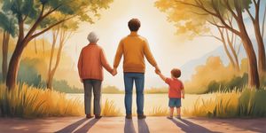 Person standing peacefully between two generations, one hand holding elderly parent, other holding child, warm watercolor illustration