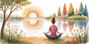 Peaceful watercolor of person meditating by a calm lake at sunrise, surrounded by nature