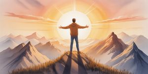 Watercolor illustration of a person standing confidently on a mountain peak at sunrise, symbolizing renewed self-worth in recovery