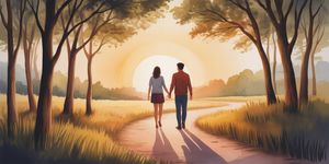 Warm watercolor illustration of a couple holding hands walking on a forest path at sunset, symbolizing the journey of rebuilding intimacy
