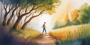 A watercolor illustration of a person stepping from shadows into warm golden light, symbolizing the shift from shame to healthy guilt in recovery