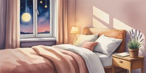 Watercolor illustration of a peaceful bedroom at twilight with soft moonlight through a window