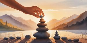 Person placing a small stone on a growing cairn at sunrise, symbolizing building recovery one step at a time