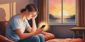 Person looking at glowing smartphone in dark room with concerned expression