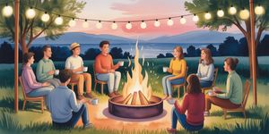 Watercolor illustration of friends gathering in a warm, sunlit garden with non-alcoholic drinks