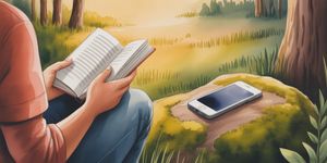 Person peacefully reading a book in nature while phone rests face-down on table