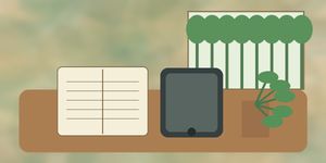 Warm watercolor of a phone set face down beside a journal, with soft forest light through a window