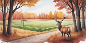 Warm watercolor scene of an antlered stag watching a quiet autumn football field from a peaceful wooded path, with soft earth tones and no text