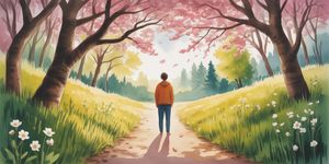 Person standing at crossroads in blooming spring forest, one path shadowy, the other bright with wildflowers