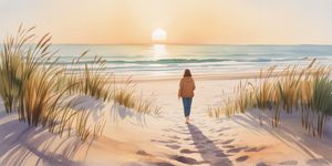 Watercolor illustration of a person walking along a peaceful beach path at sunset