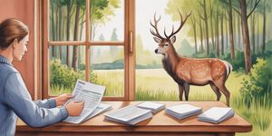 A person calmly sorting papers at a wooden table beside a window, with a peaceful antlered stag in a watercolor landscape outside