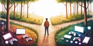 Person at crossroads between gaming controller and nature path in warm watercolor style