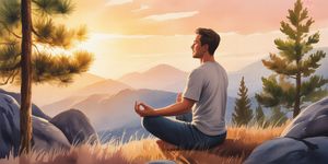Watercolor illustration of a man meditating at sunrise with natural elements symbolizing strength and renewal