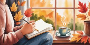 Peaceful watercolor of a person journaling at dawn with autumn leaves and warm light