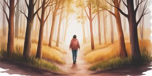 Watercolor illustration of a person walking through a dark forest toward a bright clearing, symbolizing the journey from trauma to healing