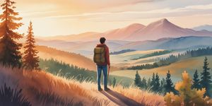 Watercolor illustration of a traveler with a backpack standing at a forest crossroads, choosing the bright path