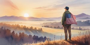Veteran standing at sunrise overlooking peaceful valley, symbolizing new beginnings in recovery