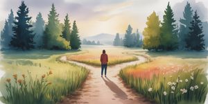 Person standing peacefully on a forest trail at dawn, choosing the bright path ahead