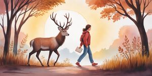 Warm watercolor scene of a woman walking beside an antlered stag along a leafy trail at sunrise, with soft earth tones and quiet hopeful light