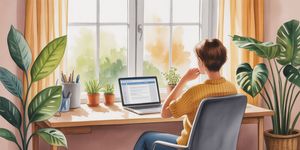 Person working at home desk with laptop, plants, and morning light streaming through window