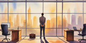 Professional person standing confidently at office window, watercolor illustration