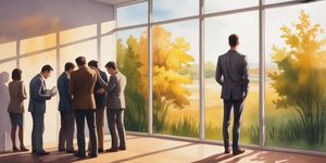 Person standing peacefully at office window while coworkers whisper in background, watercolor illustration